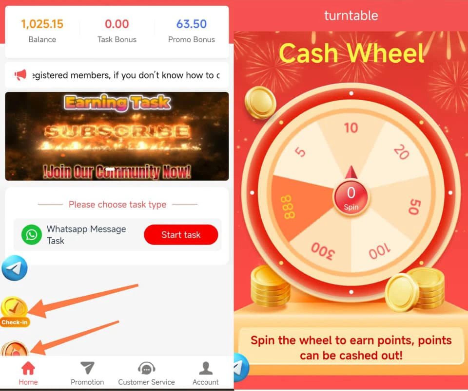 Daily check-in and spin a cash wheel feature on Earncashtask 