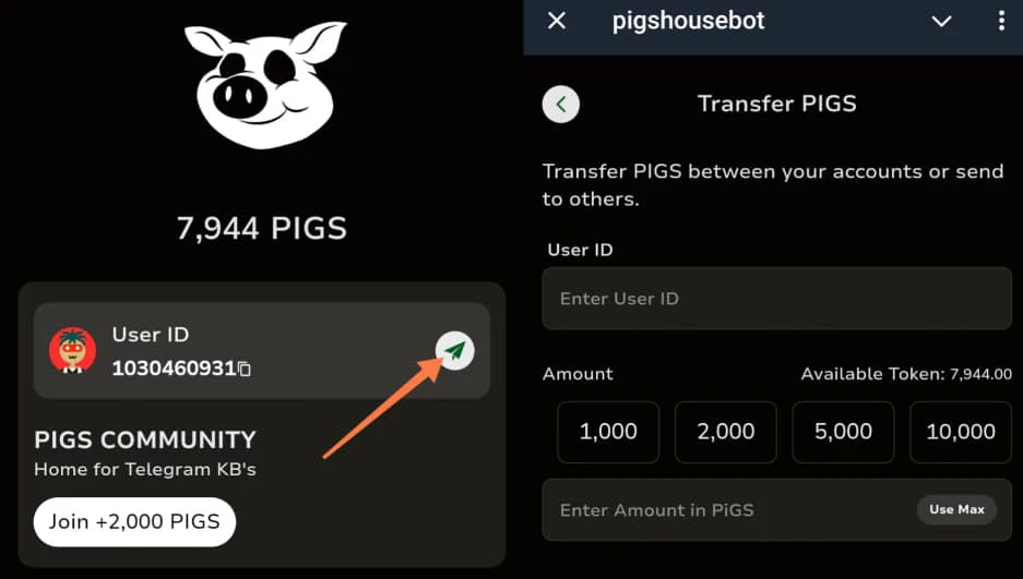 How to transfer pigs to other telegram users 