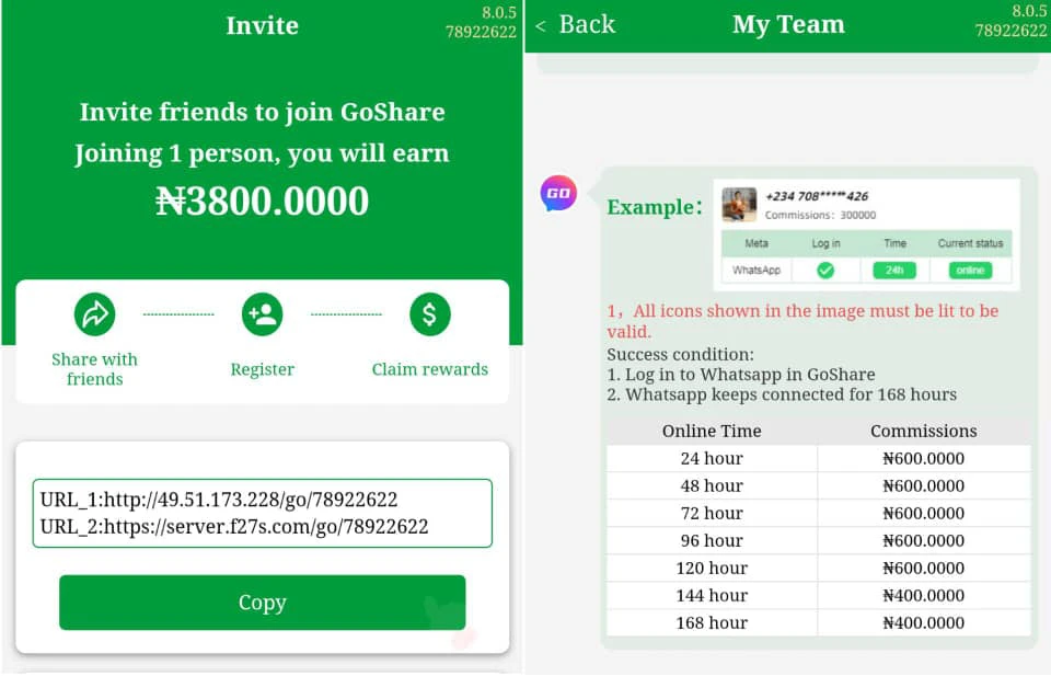 Goshare WhatsApp updated referral bonus 