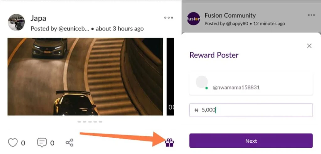 How to get rewards from users in fusion app