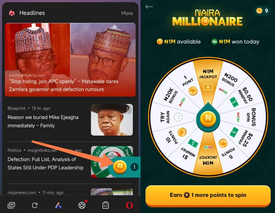 How to spin on Opera Naira Millionaire 