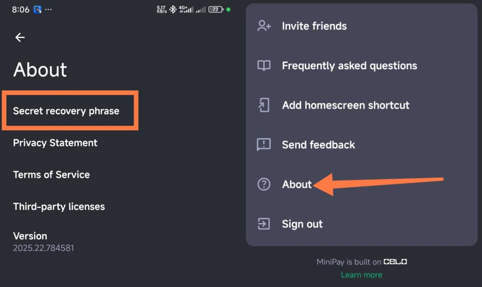How to get MiniPay secret recovery phrase 