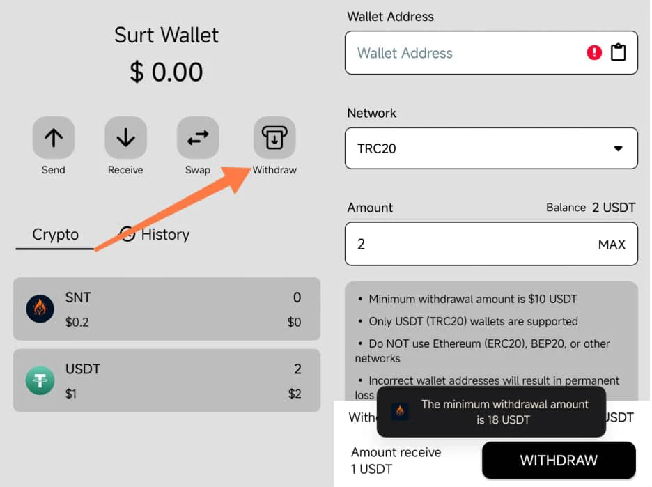 Surt Network withdrawal threshold 