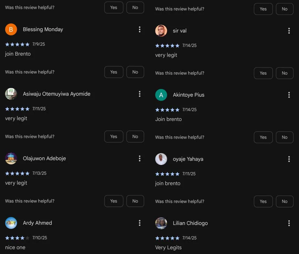 Brento false Play store Reviews 