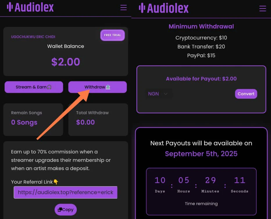 How to withdraw from audiolex 