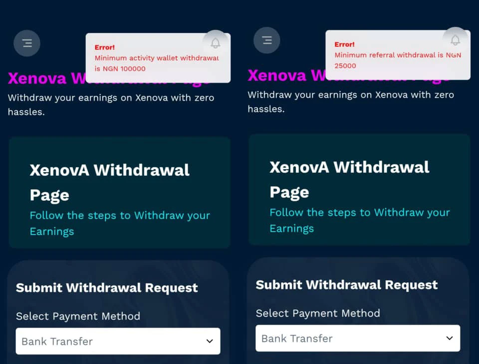 Xenova withdrawal threshold 