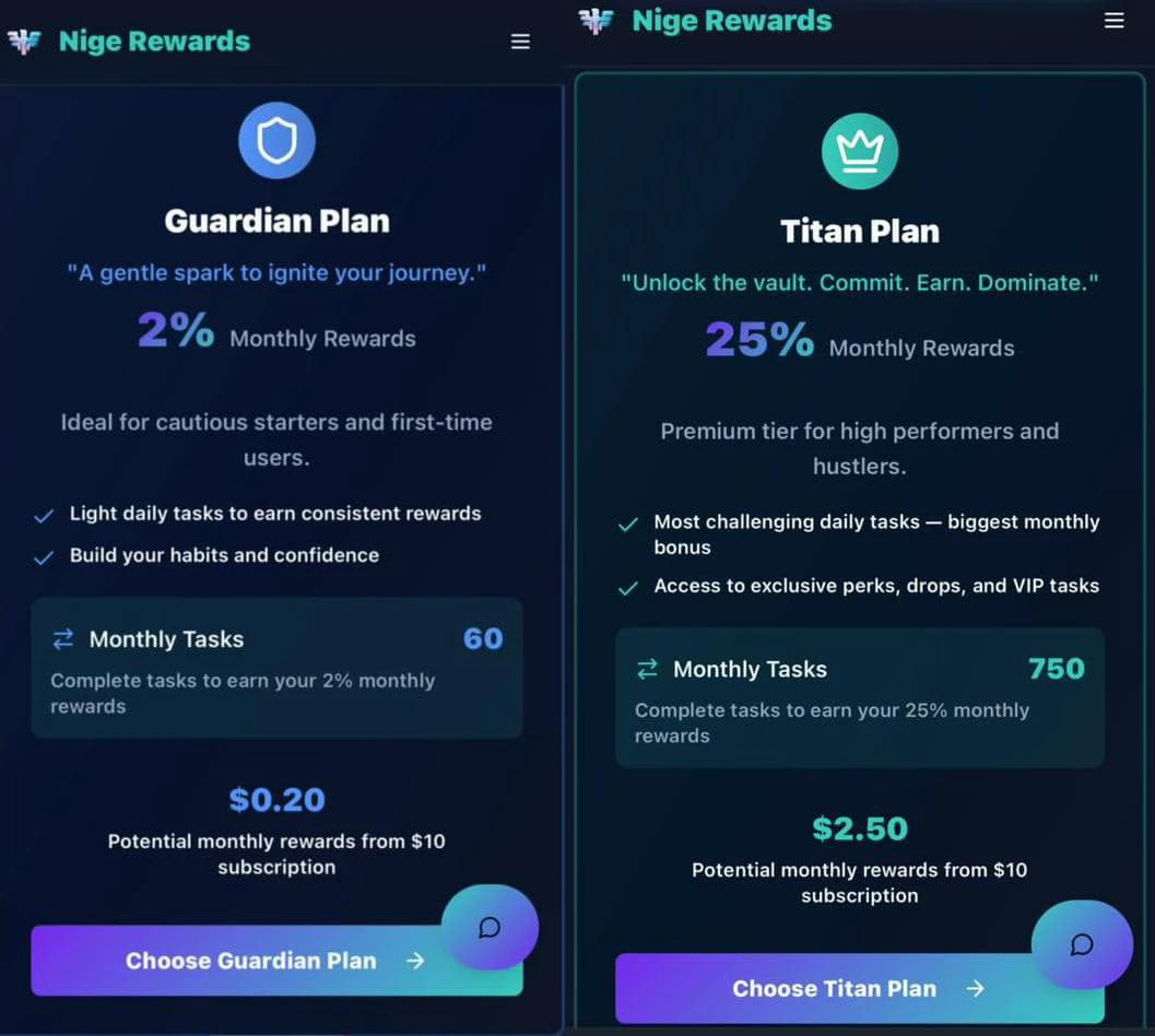 Subscription plans on nige rewards 