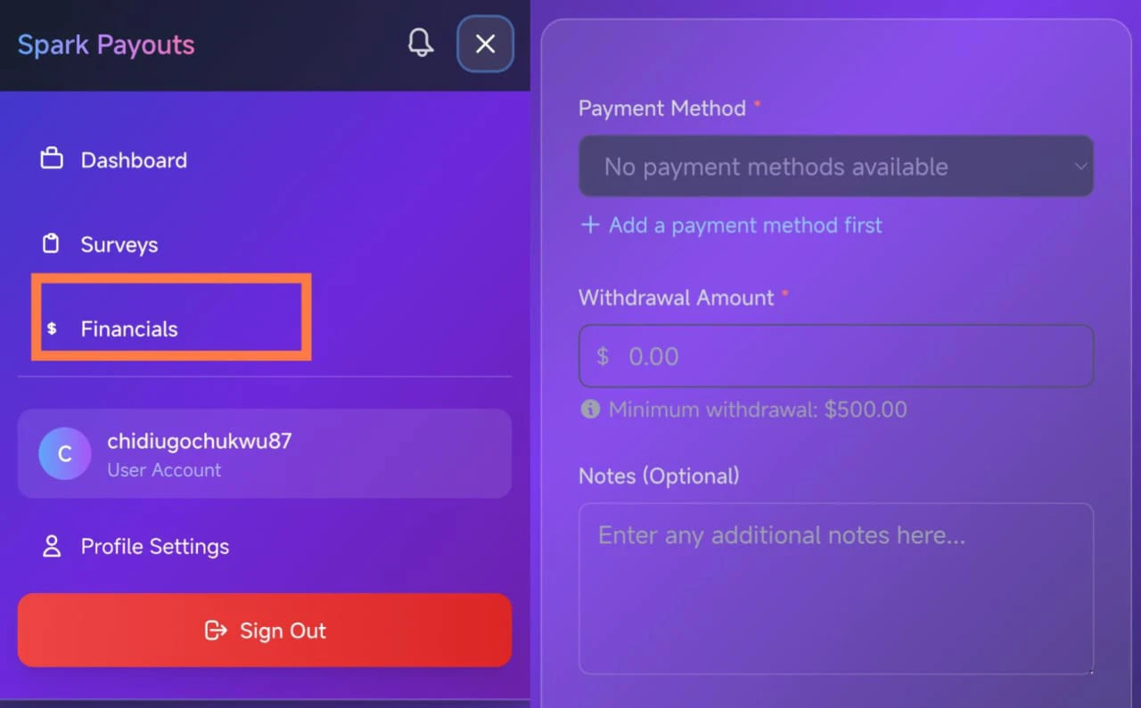 How to withdraw from spark Payouts 