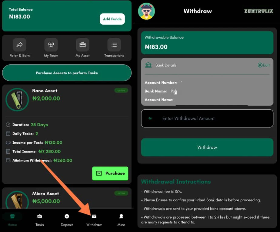 How to withdraw from Zentrolix 