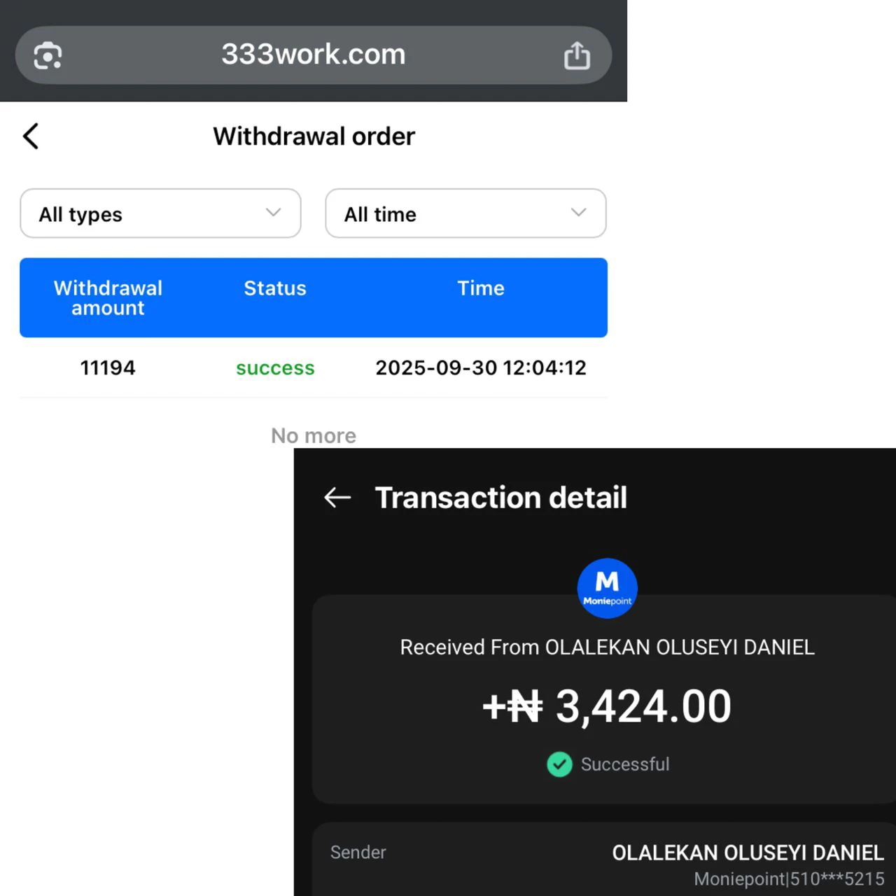 333work payment proof