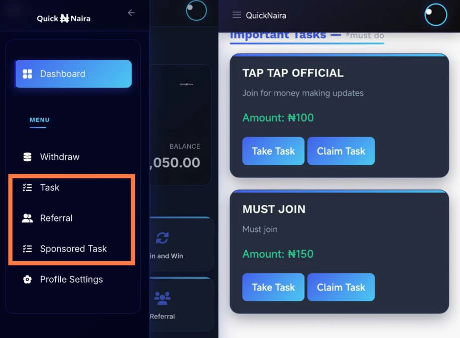 Completing tasks on quicknaira 