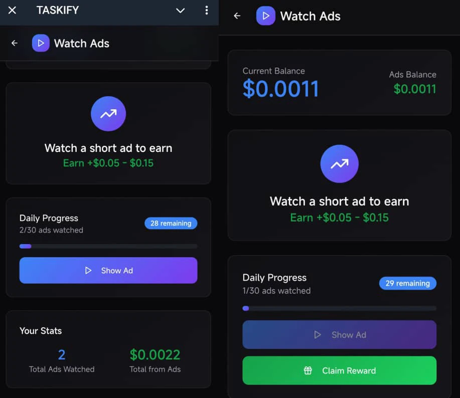 Viewing ads on taskify 