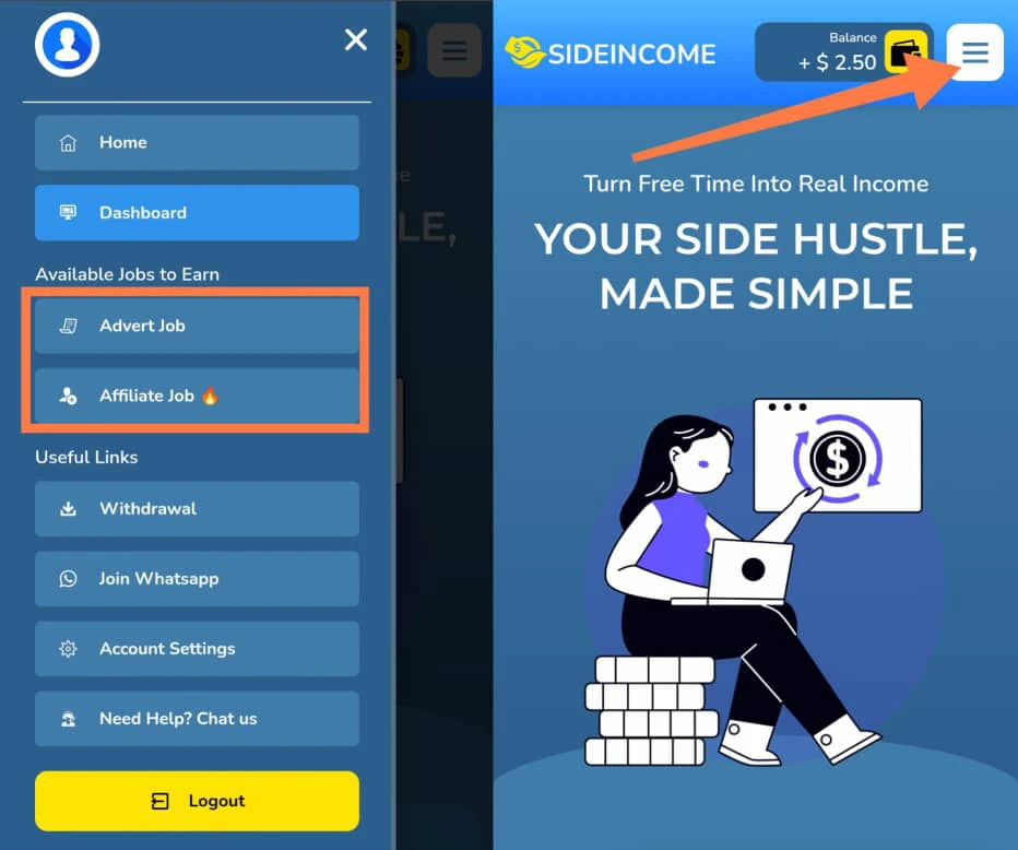 How to access the menu bar on Sideincome.pro