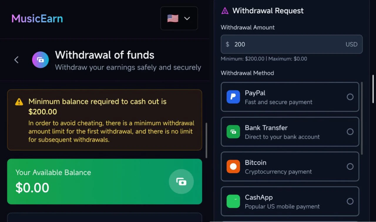 MusicEarn Withdrawal Process 